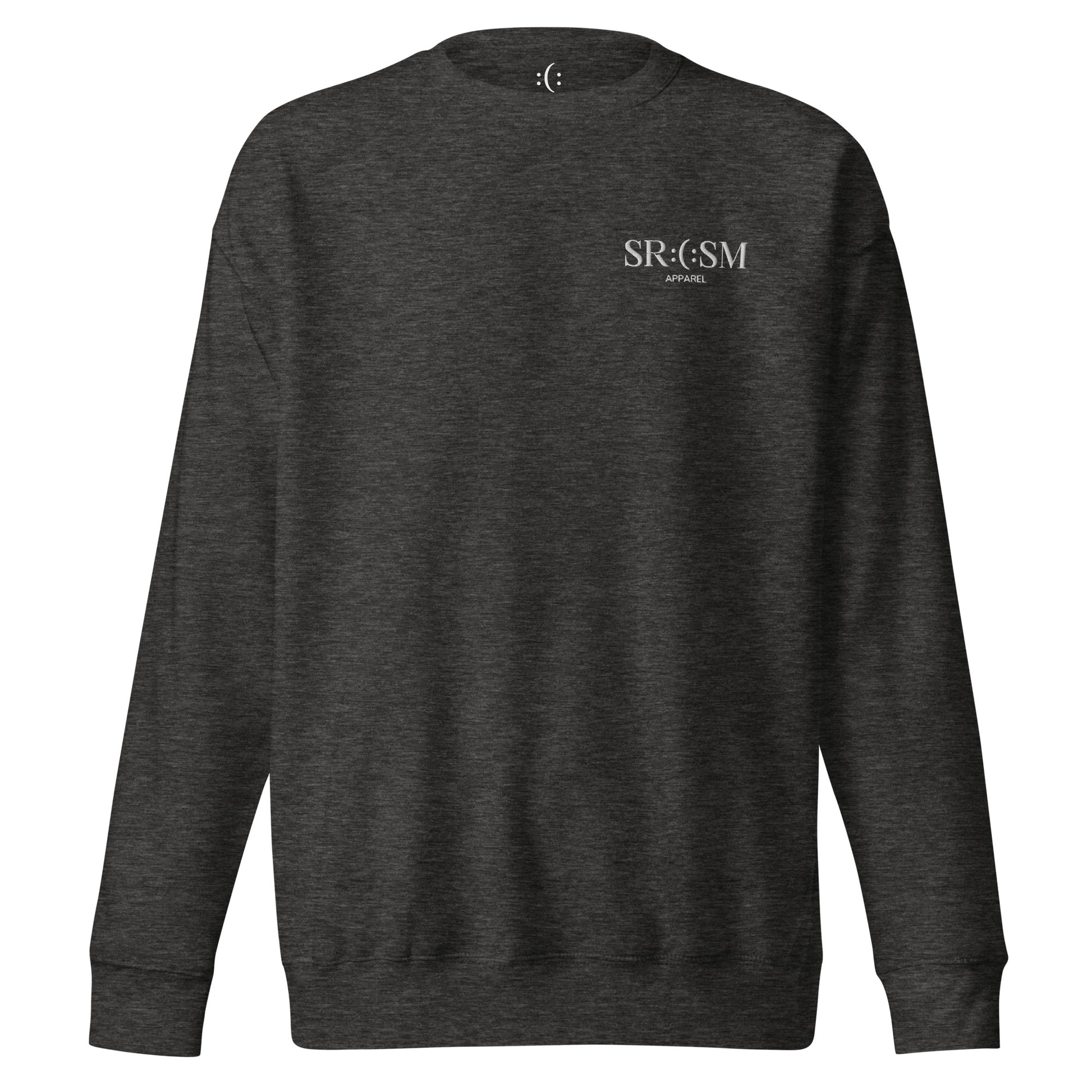 a charcoal heather premium basic sweatshirt with sarcastic white, srcsm logo, text and smile on it