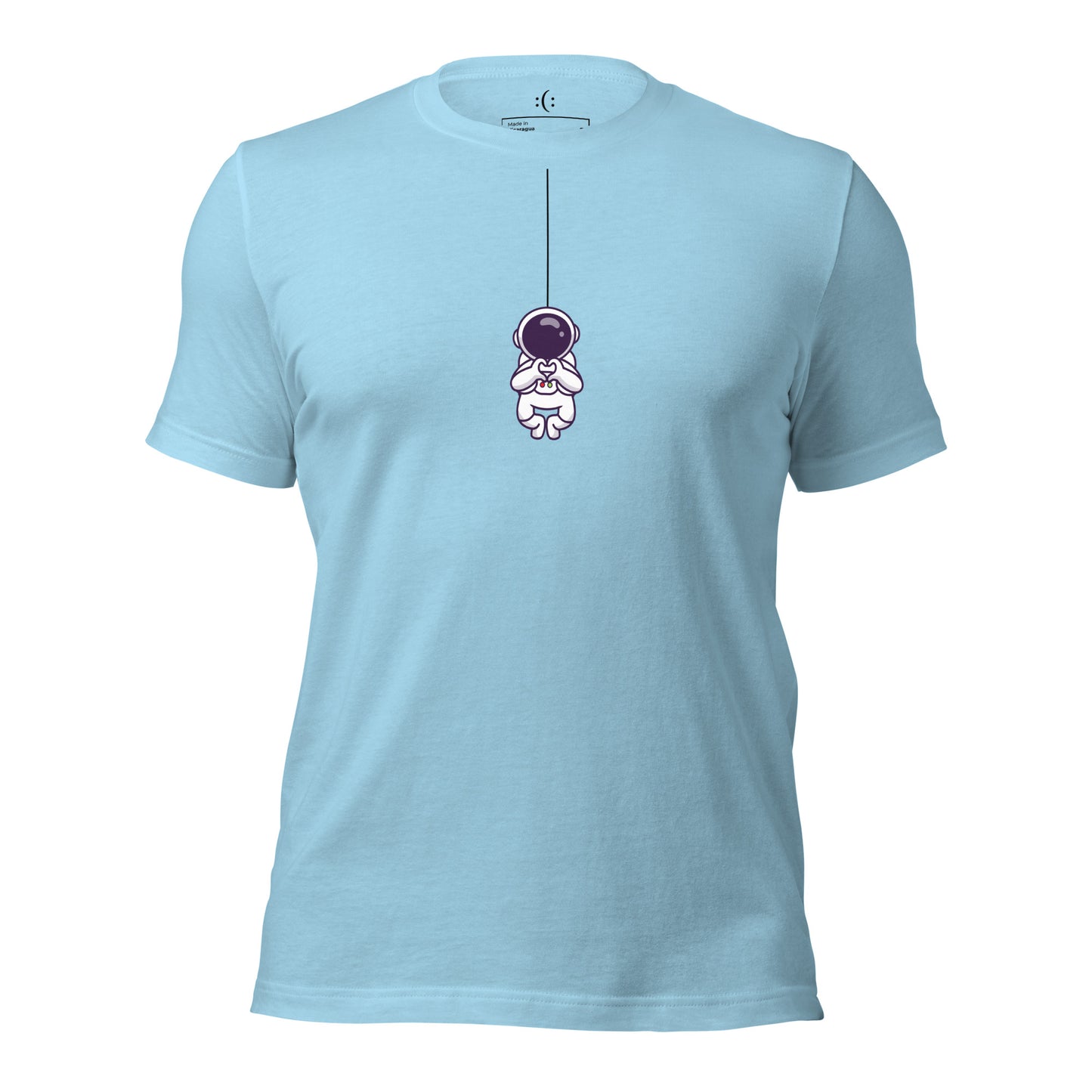 a ocean blue premium t-shirt with sarcastic , astro heart cartoon and smile on it