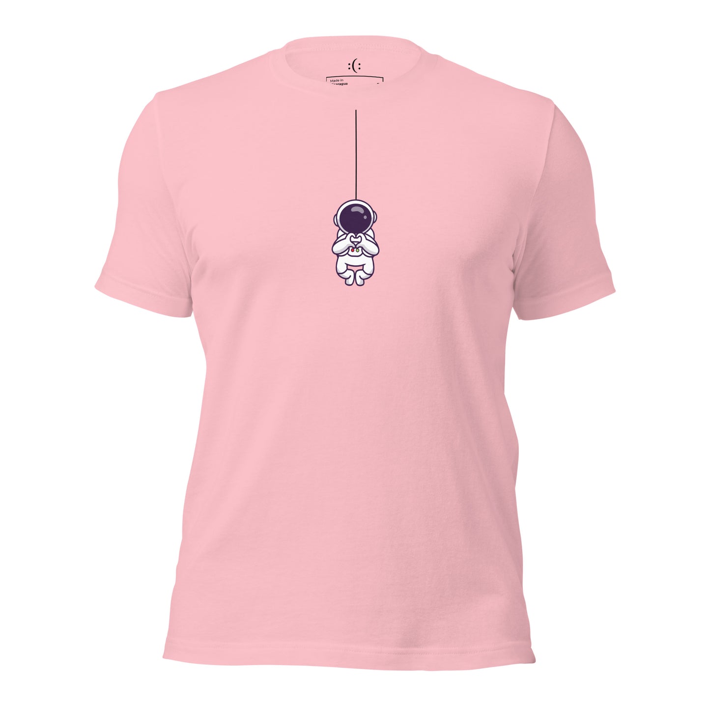 a pink premium t-shirt with sarcastic , astro heart cartoon and smile on it