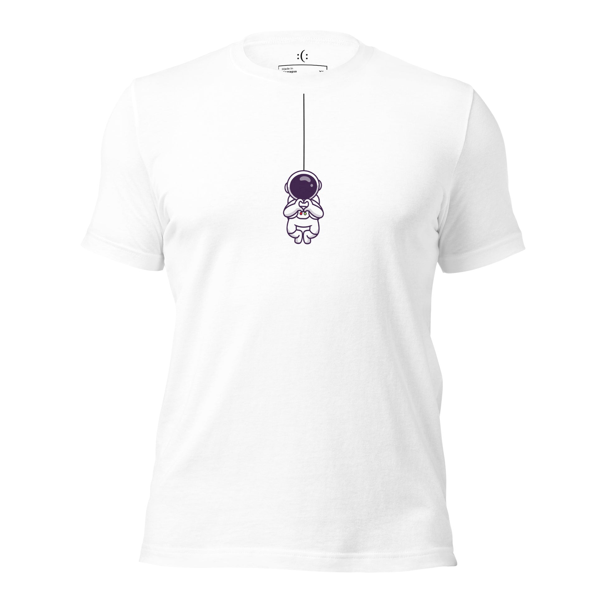 a white premium t-shirt with sarcastic , astro heart cartoon and smile on it