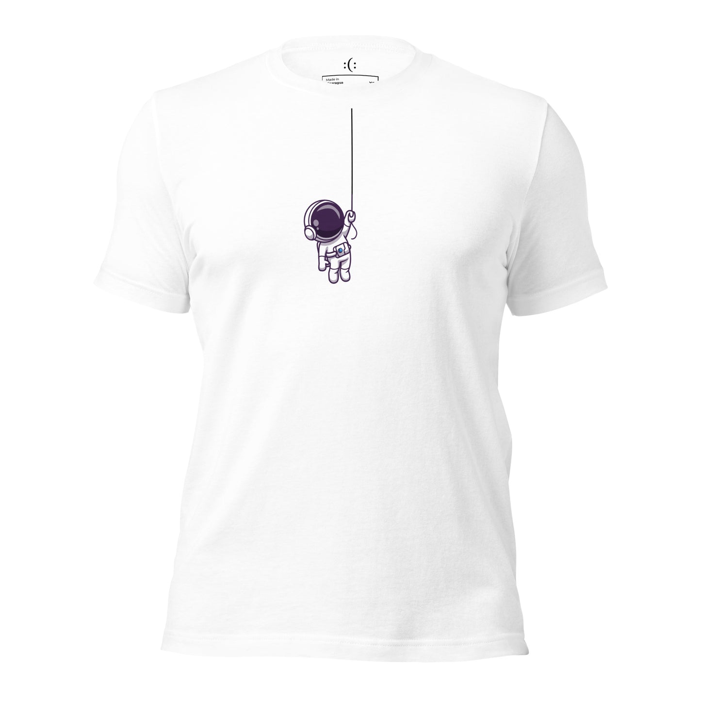 a white premium t-shirt with sarcastic , astro hanger cartoon and smile on it