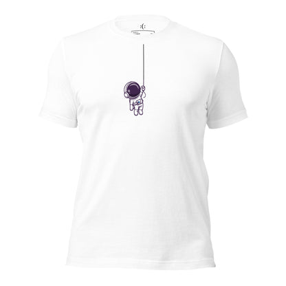 a white premium t-shirt with sarcastic , astro hanger cartoon and smile on it