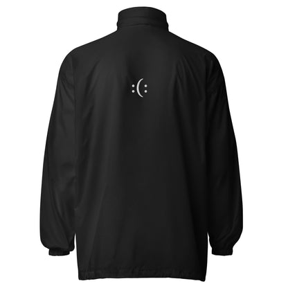 a black basic windbreaker jacket with white, sarcasm logo and text and smile