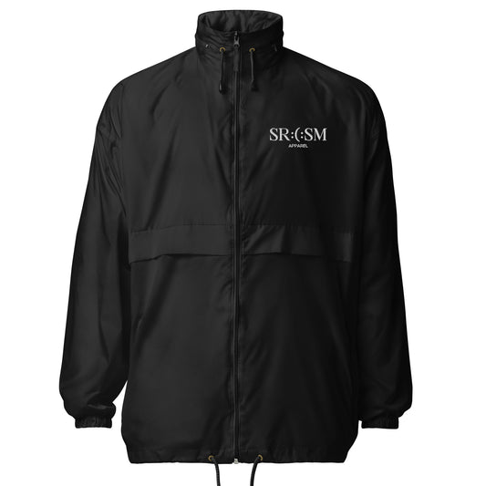 a black basic windbreaker jacket with white, sarcasm logo and text and smile 