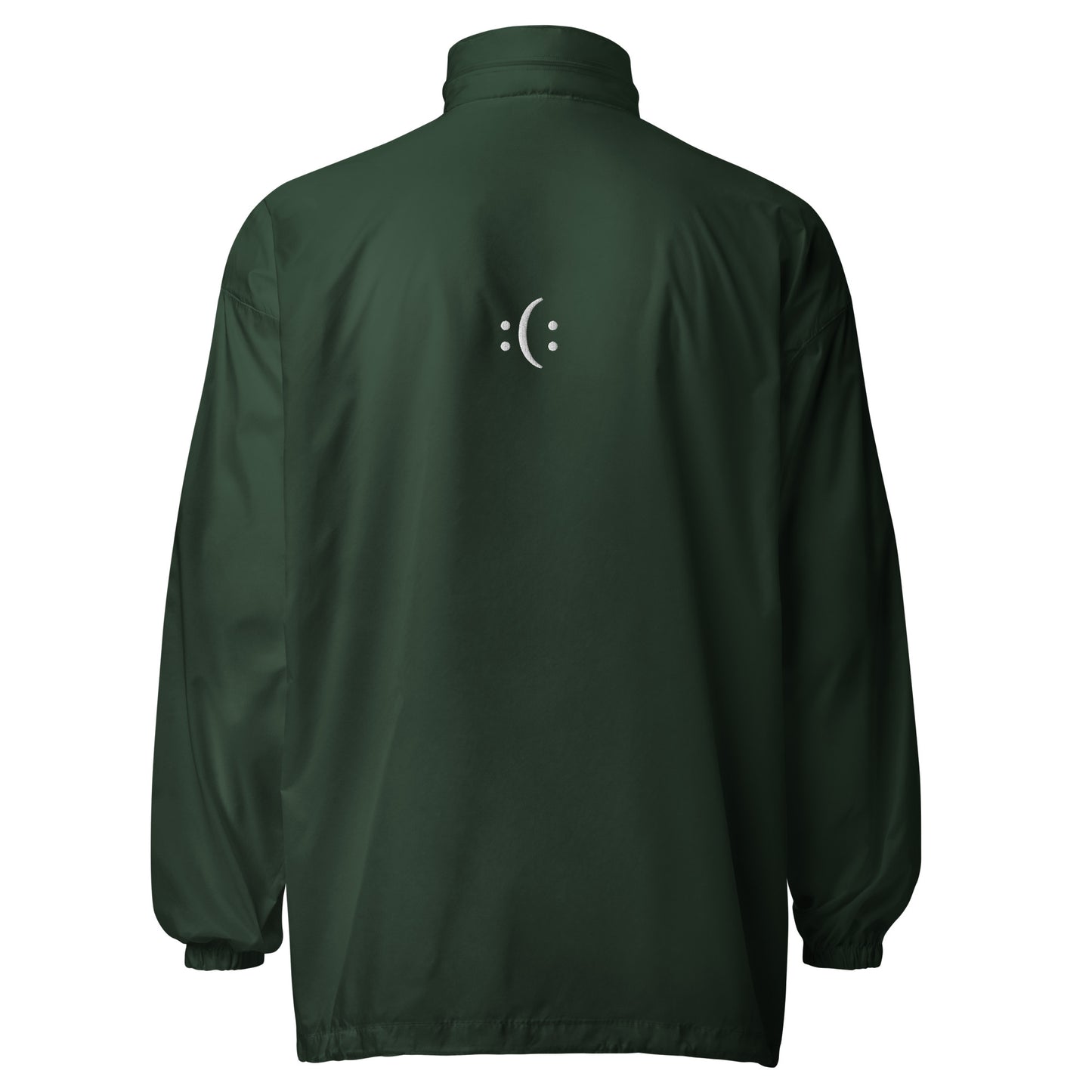 a forest green basic windbreaker jacket with white, sarcasm logo and text and smile