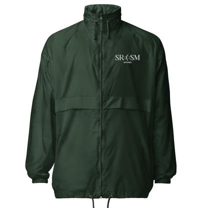 a forest green basic windbreaker jacket with white, sarcasm logo and text and smile 