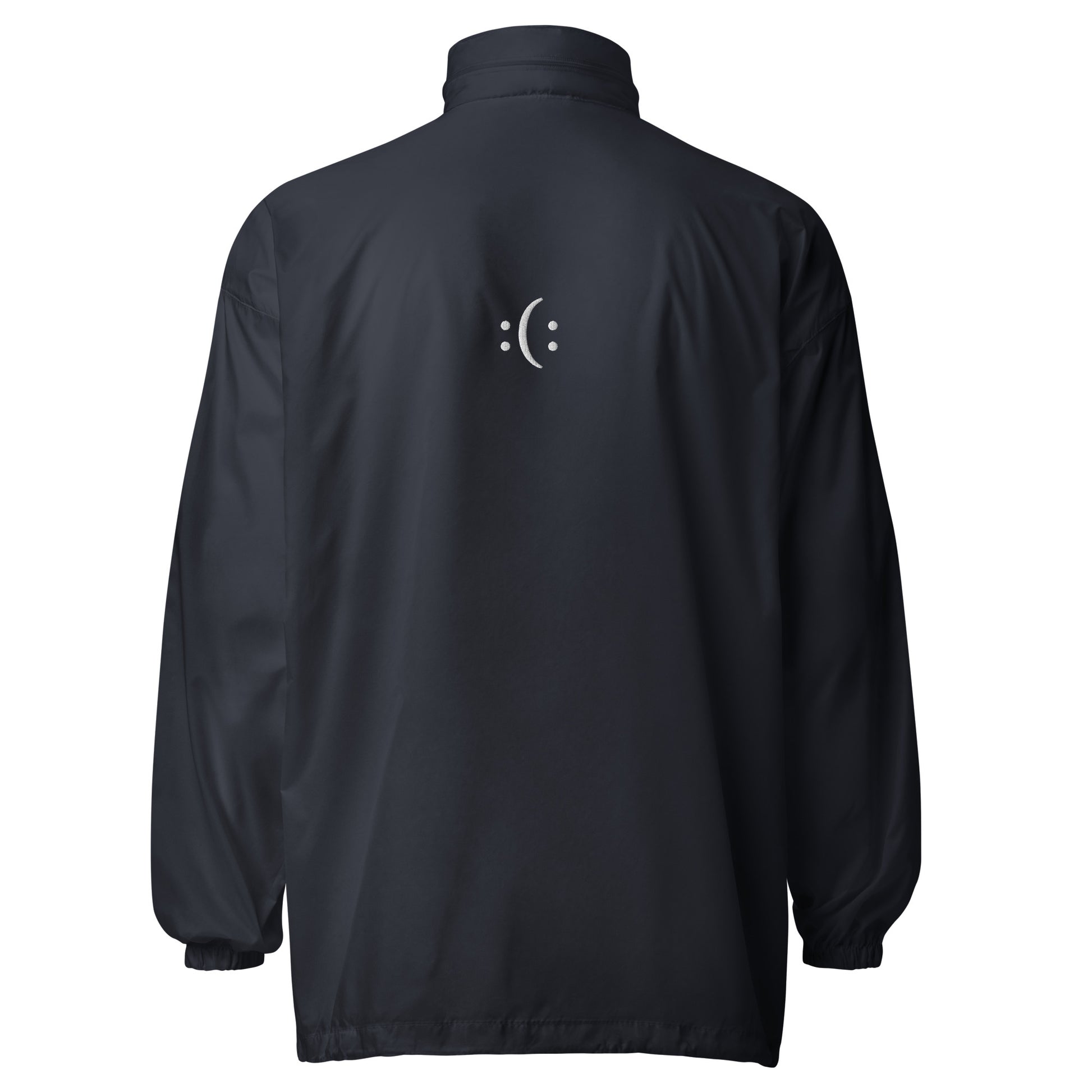 a navy basic windbreaker jacket with white, sarcasm logo and text and smile