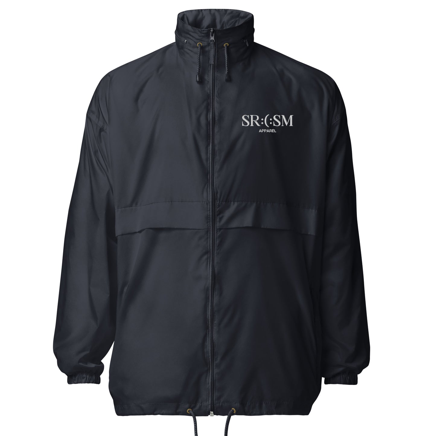 a navy basic windbreaker jacket with white, sarcasm logo and text and smile 