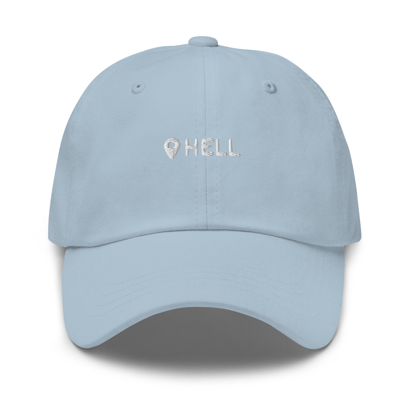 a light blue hat with white sarcastic, hell, text on it