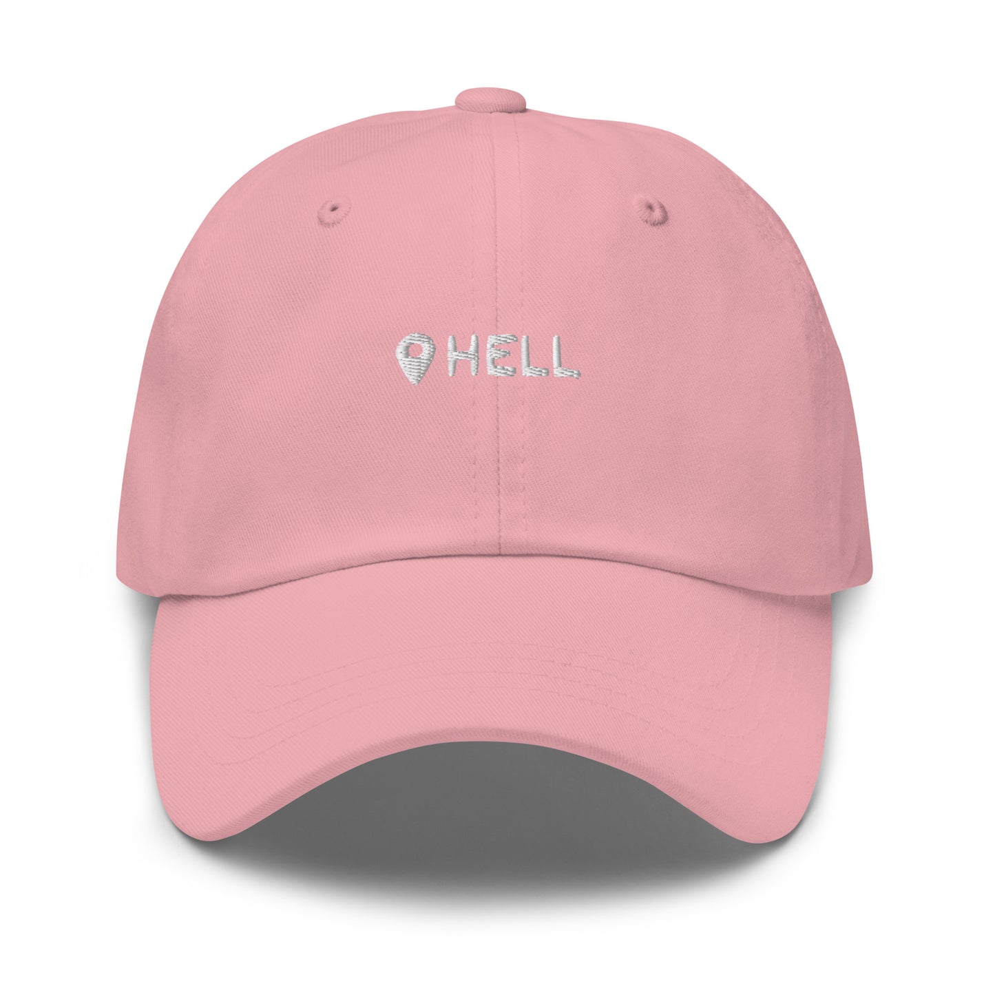 a pink hat with white sarcastic, hell, text on it