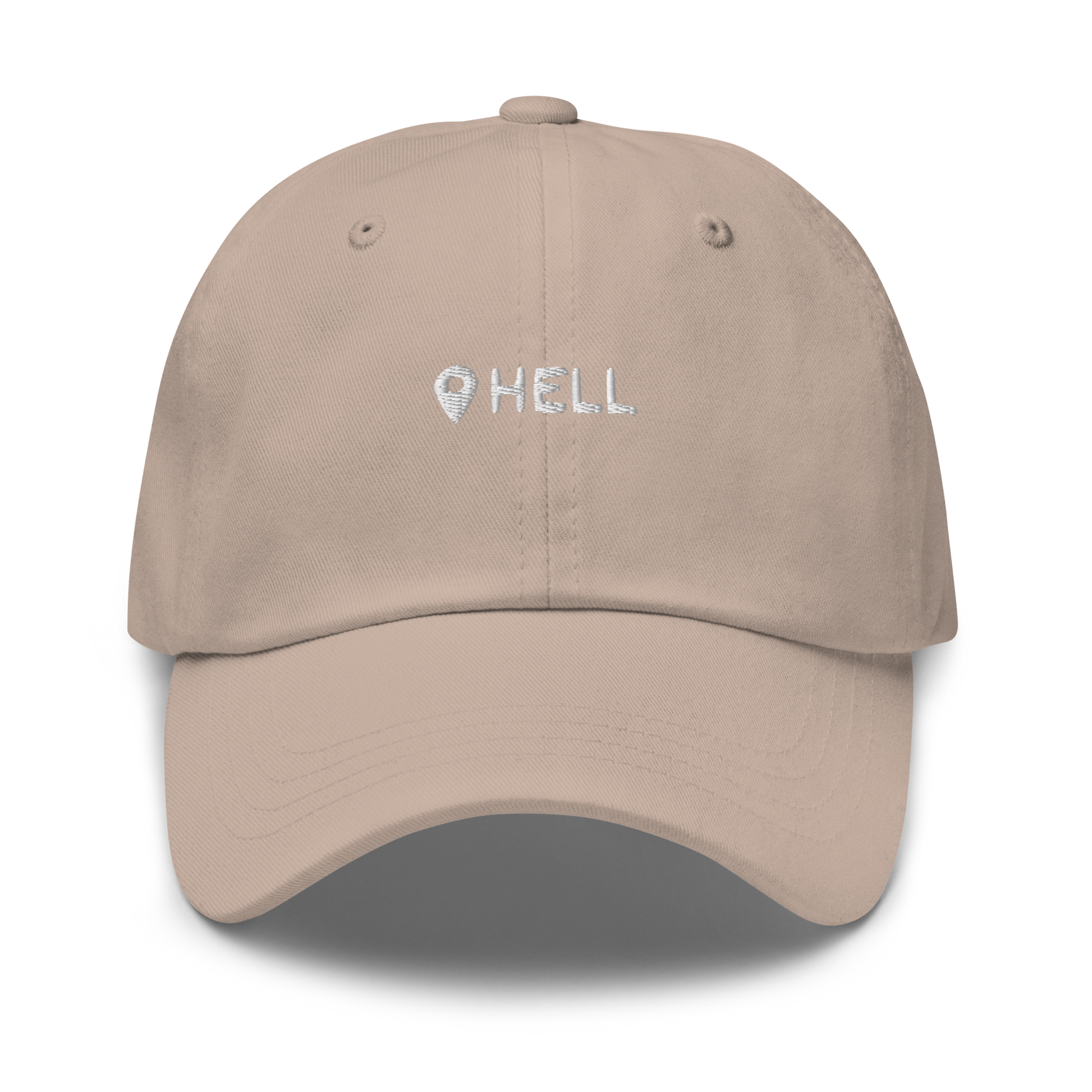 a stone hat with white sarcastic, hell, text on it