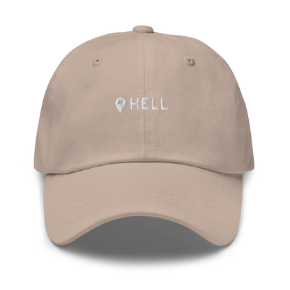 a stone hat with white sarcastic, hell, text on it