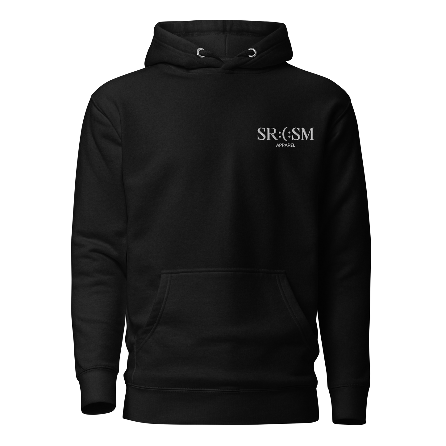 a black premium basic hoodie with sarcastic white, srcsm, text and smile on it