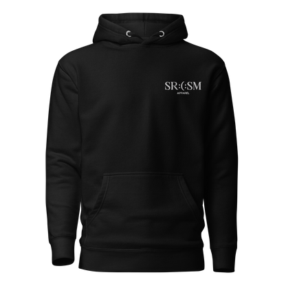 a black premium basic hoodie with sarcastic white, srcsm, text and smile on it