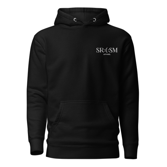 a black premium basic hoodie with sarcastic white, srcsm, text and smile on it