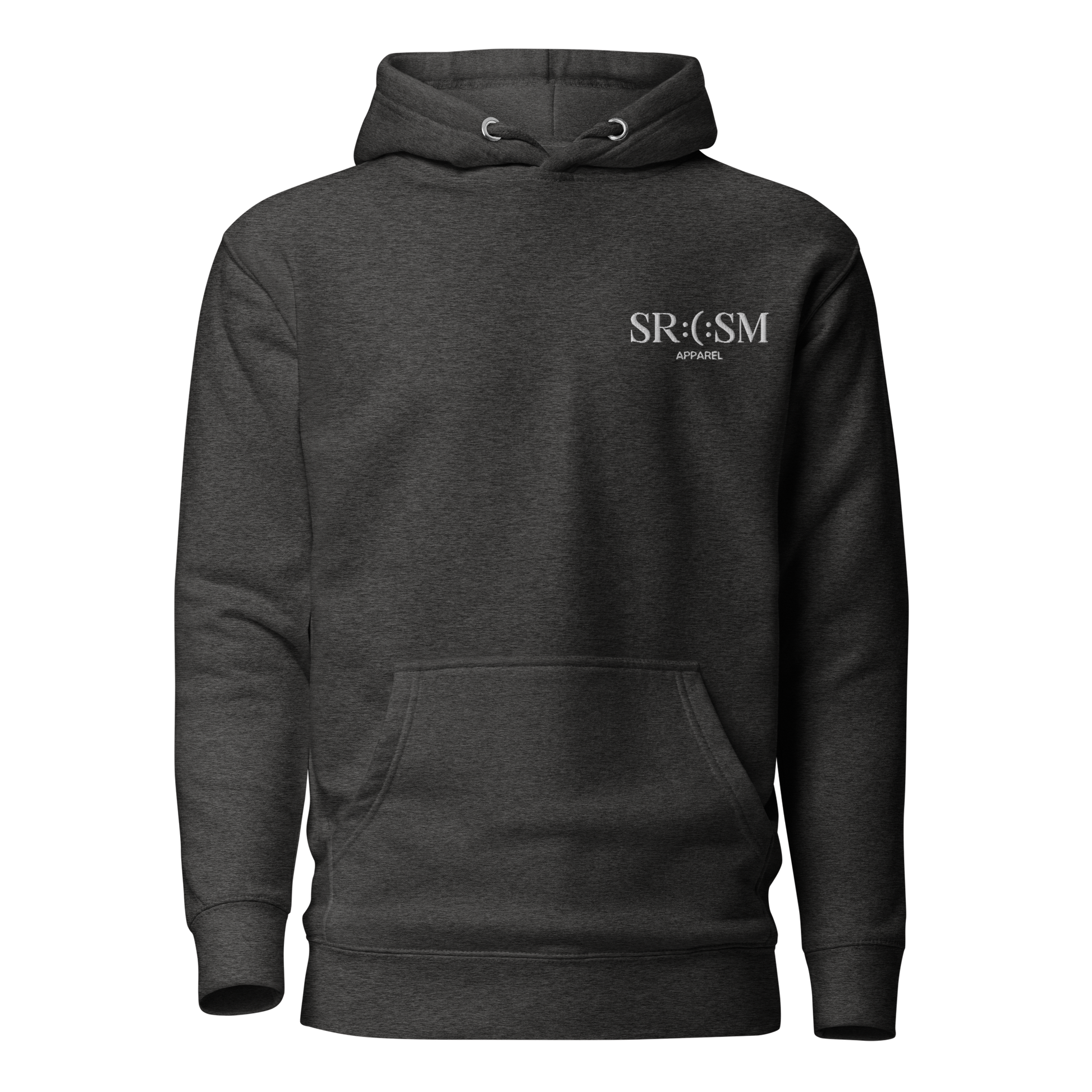 a charcoal heather premium basic hoodie with sarcastic white, srcsm, text and smile on it