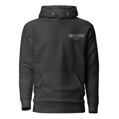 a charcoal heather premium basic hoodie with sarcastic white, srcsm, text and smile on it