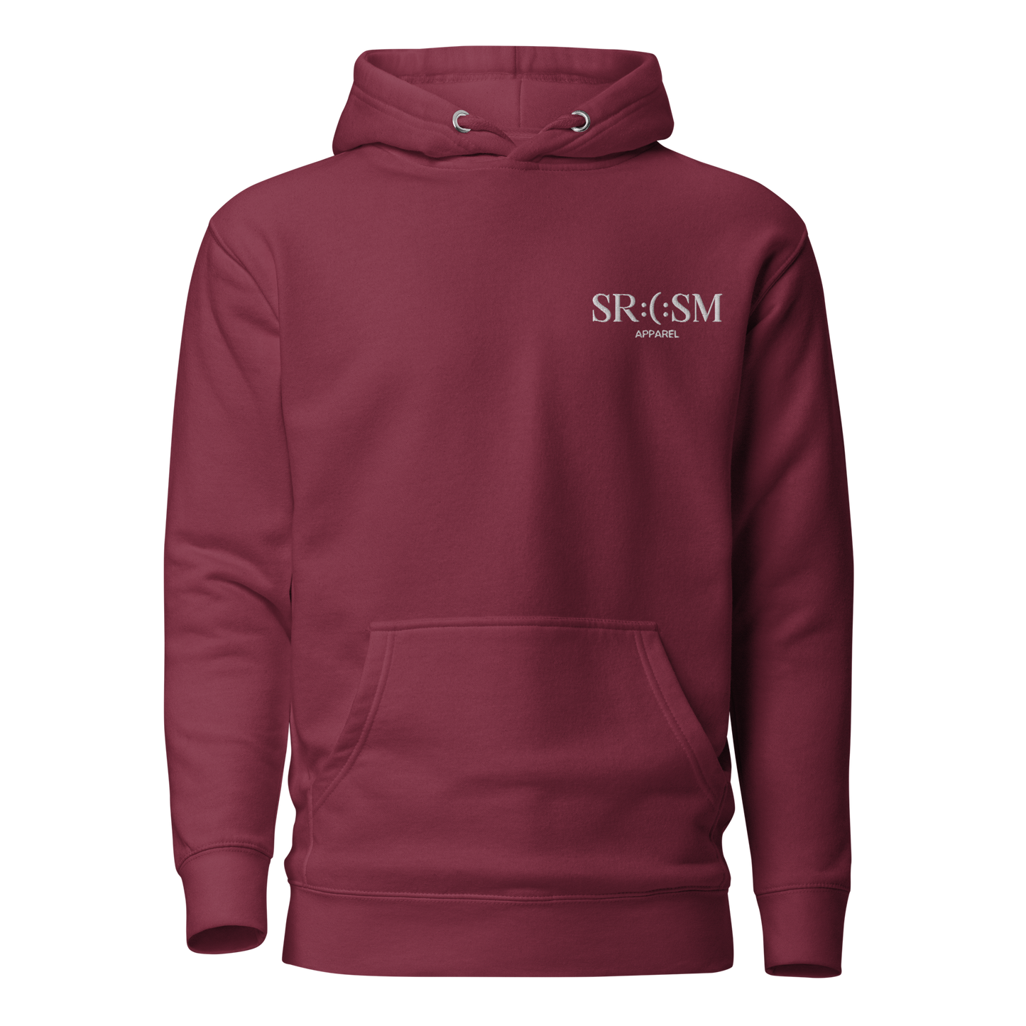 a maroon or bordeaux premium basic hoodie with sarcastic white, srcsm, text and smile on it