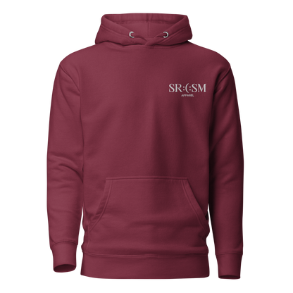 a maroon or bordeaux premium basic hoodie with sarcastic white, srcsm, text and smile on it