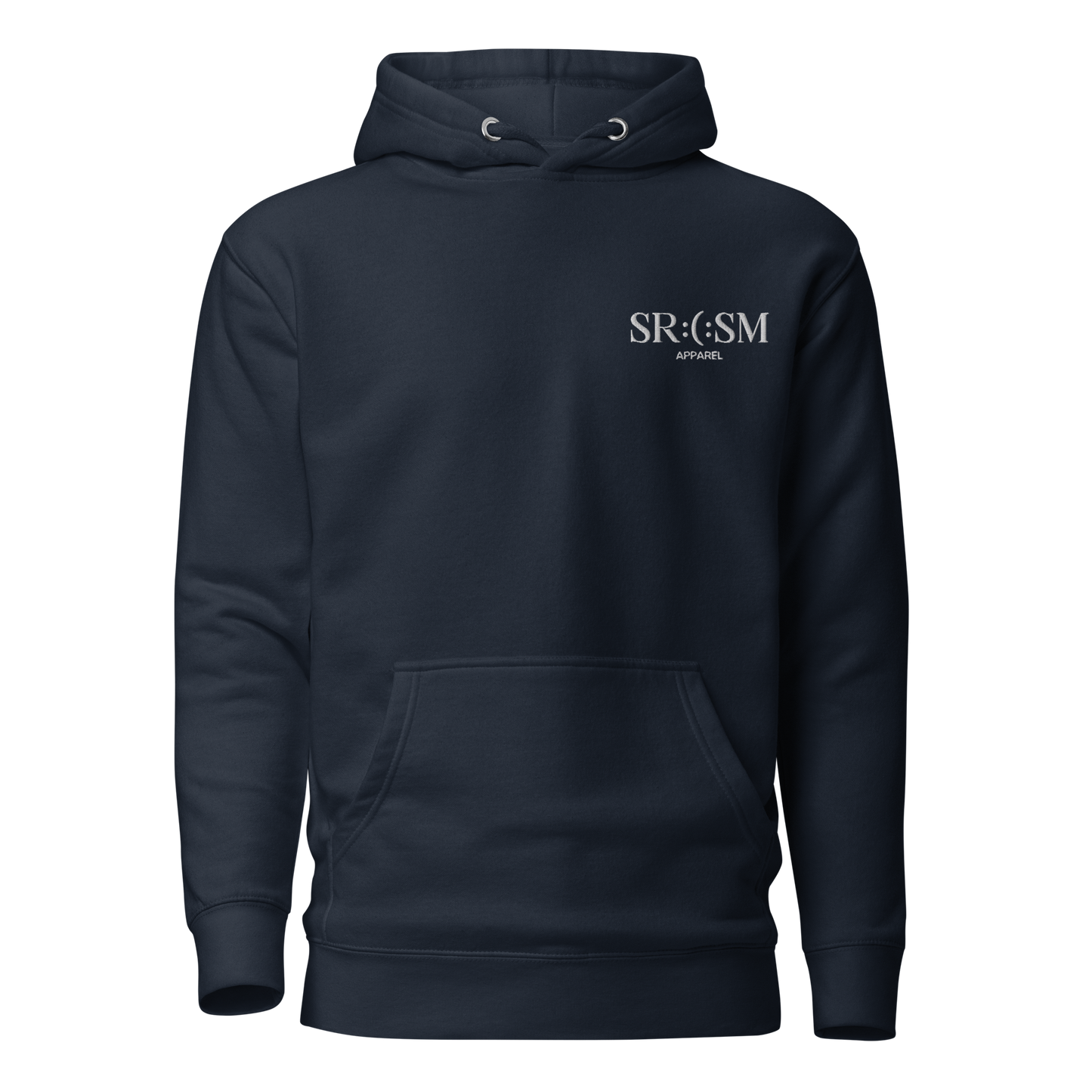 a navy blazer premium basic hoodie with sarcastic white, srcsm, text and smile on it