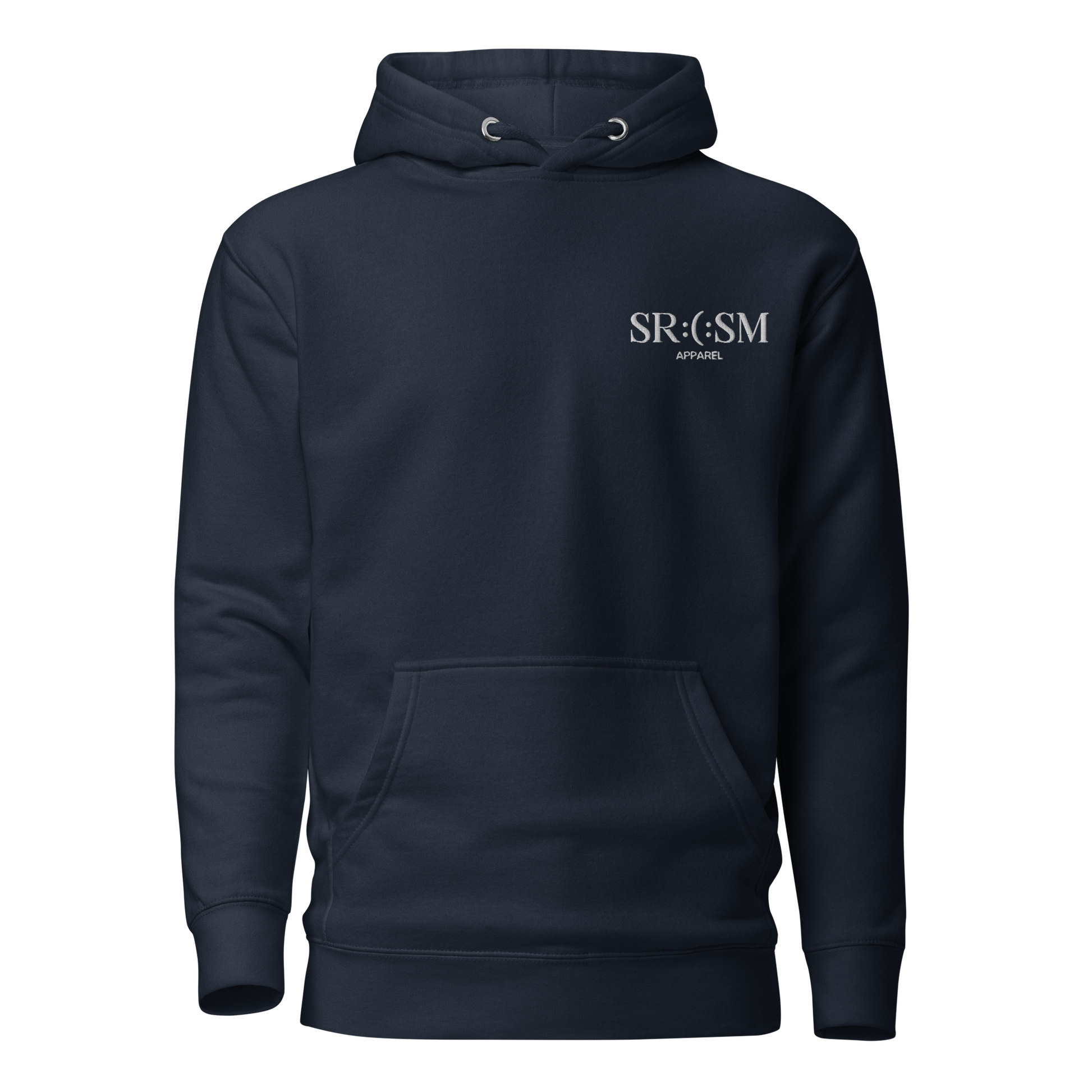 a navy blazer premium basic hoodie with sarcastic white, srcsm, text and smile on it