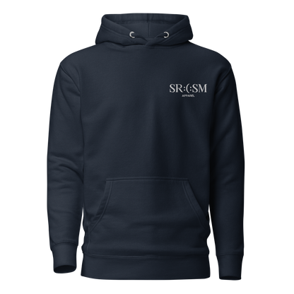 a navy blazer premium basic hoodie with sarcastic white, srcsm, text and smile on it