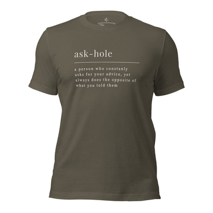 a navy premium t-shirt with sarcastic white, ask-hole quote text and smile on it