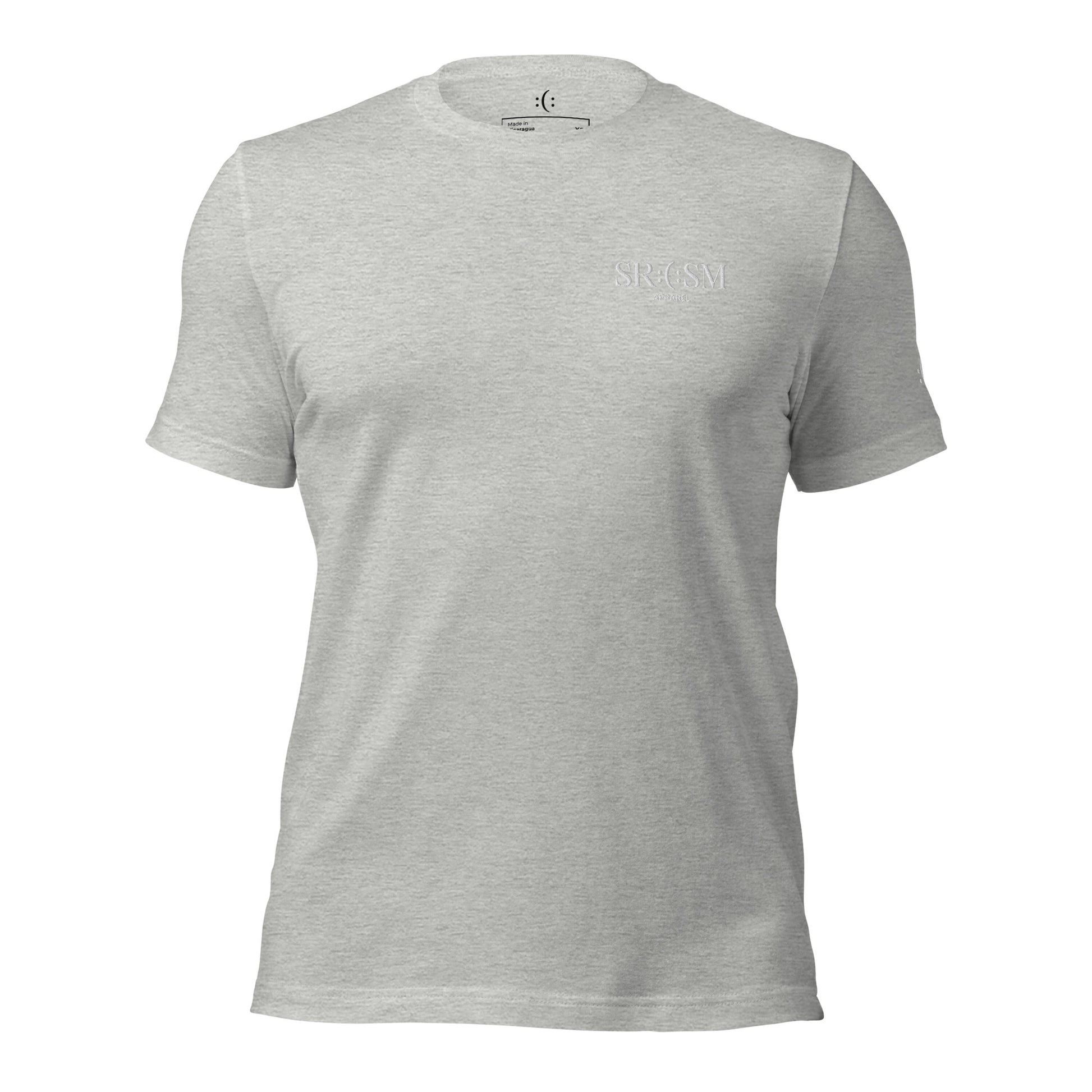 a athletic heather basic t-shirt with white sarcastic , sarcasm text and smile on it