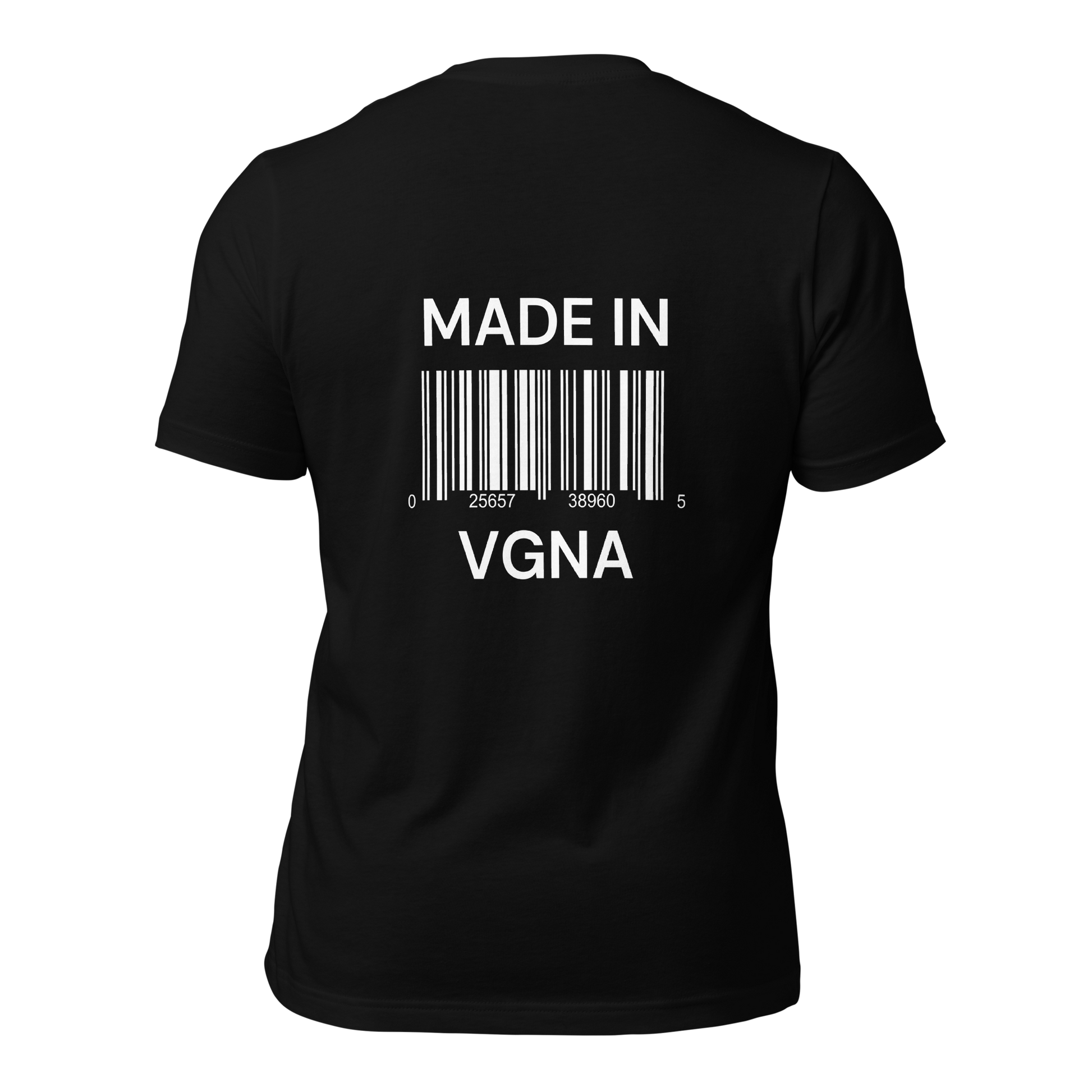 a black t-shirt with white sarcastic , made in vagina scan text and smile on it