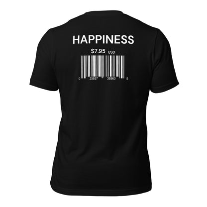 a black t-shirt with sarcastic , happiness scan text and smile on it