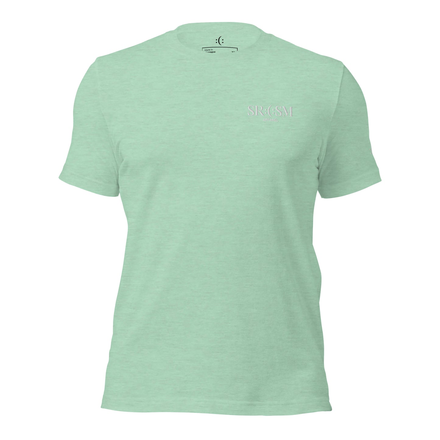 a heather prism mint basic t-shirt with white sarcastic , sarcasm text and smile on it