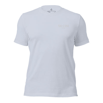 a light blue basic t-shirt with white sarcastic , sarcasm text and smile on it