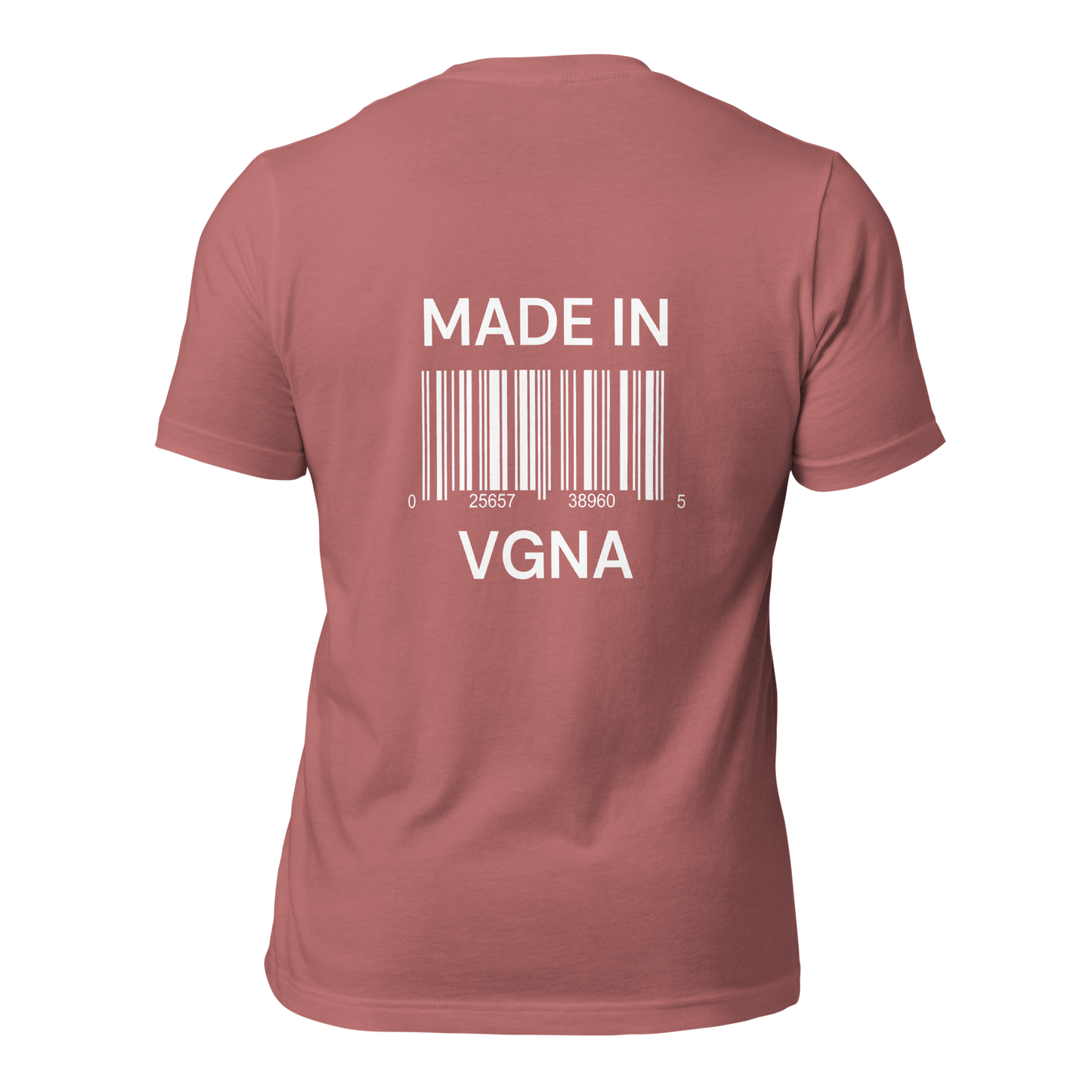 a mauve t-shirt with white sarcastic , made in vagina scan text and smile on it