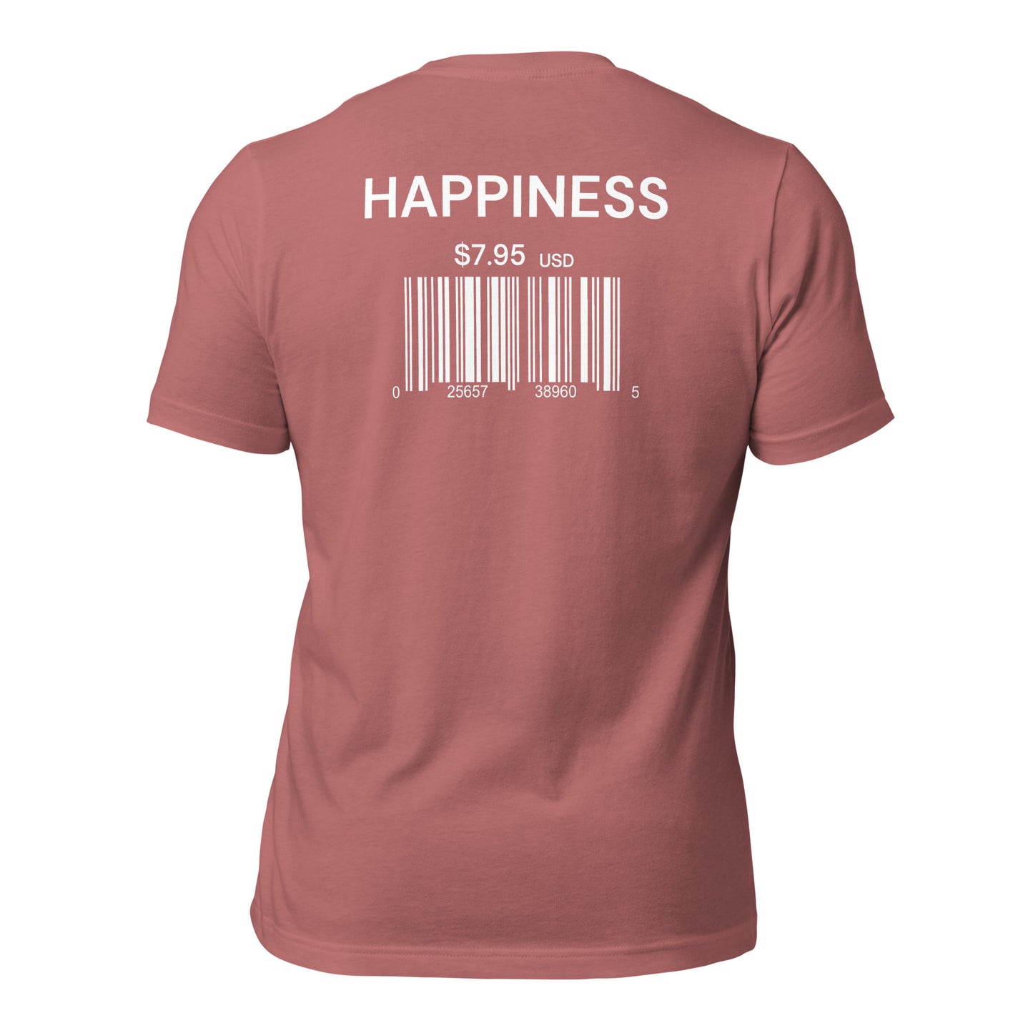 a mauve t-shirt with sarcastic , happiness scan text and smile on it