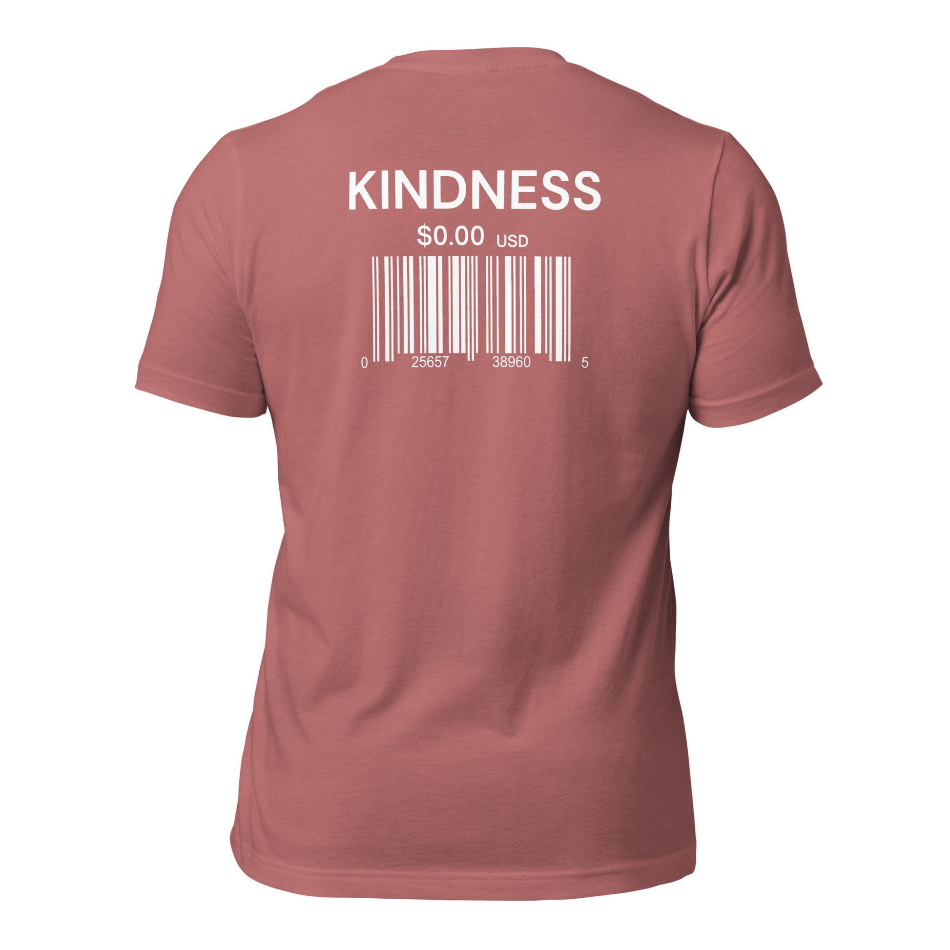 a mauve t-shirt with sarcastic , kindness scan text and smile on it