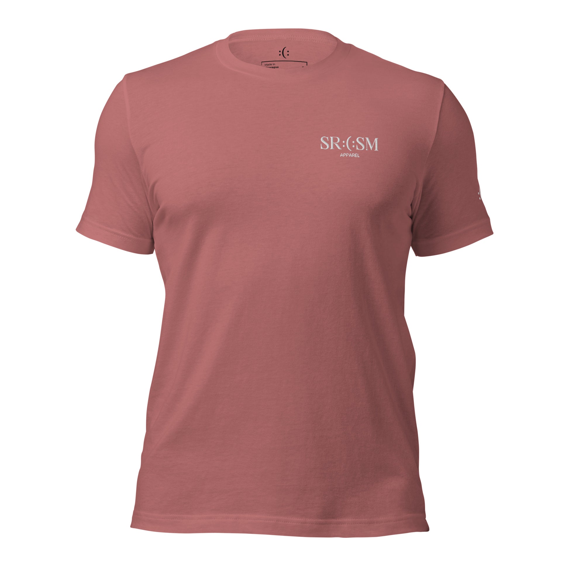 a mauve basic t-shirt with white sarcastic , sarcasm text and smile on it