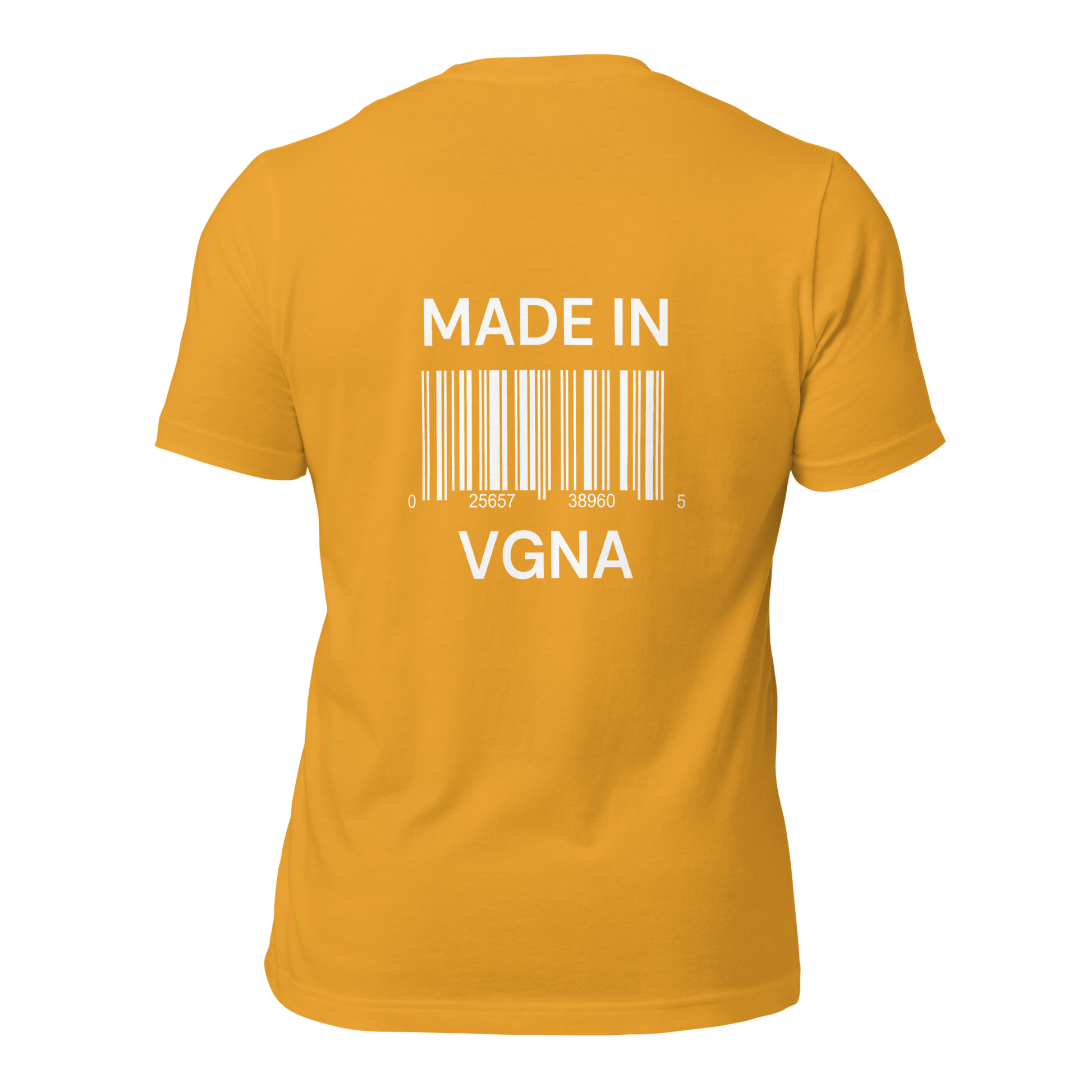 a mustard t-shirt with white sarcastic , made in vagina scan text and smile on it