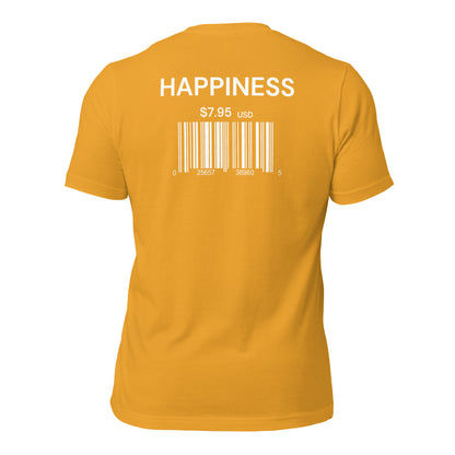 a mustard t-shirt with sarcastic , happiness scan text and smile on it