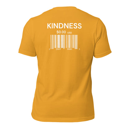 a mustard t-shirt with sarcastic , kindness scan text and smile on it