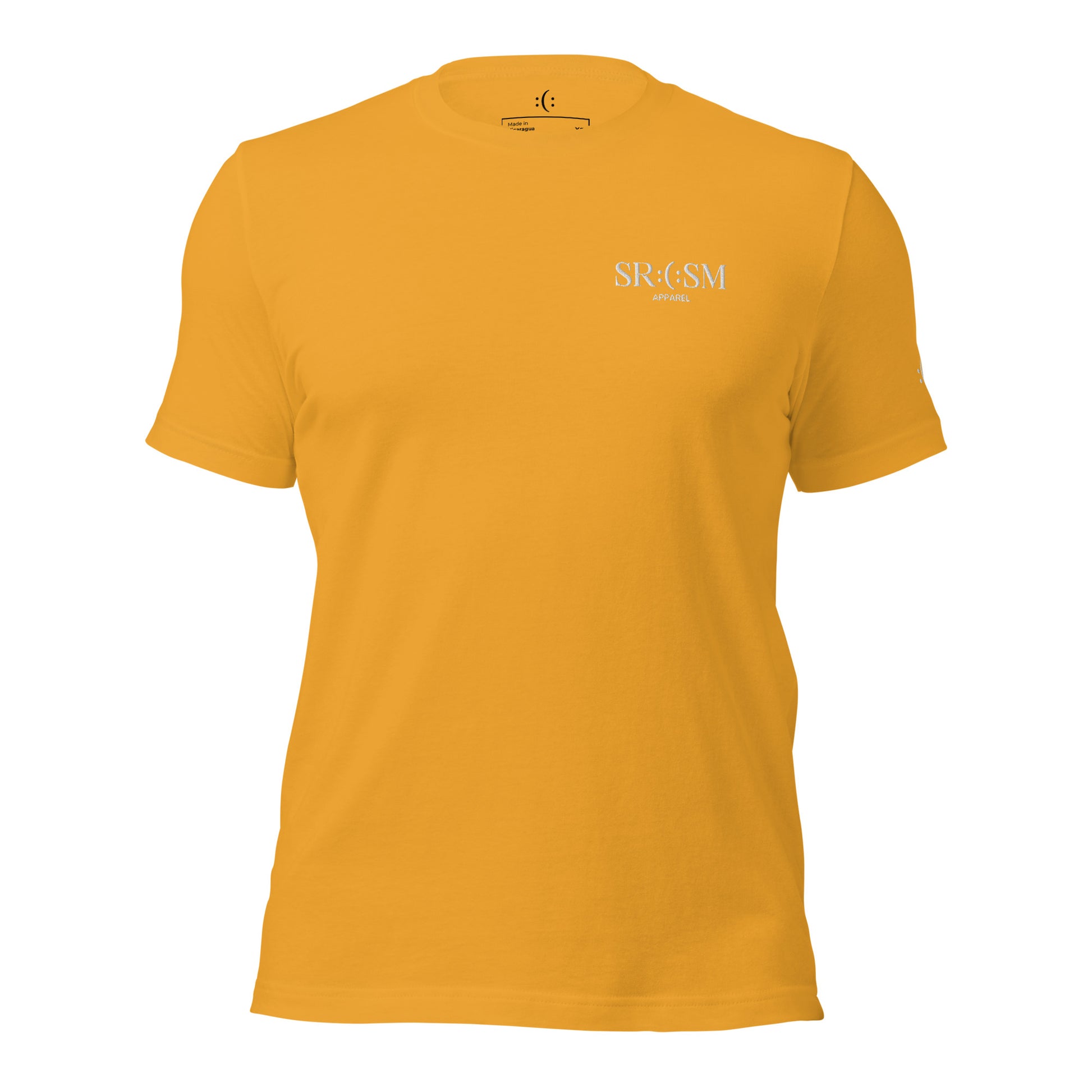 a mustard basic t-shirt with white sarcastic , sarcasm text and smile on it