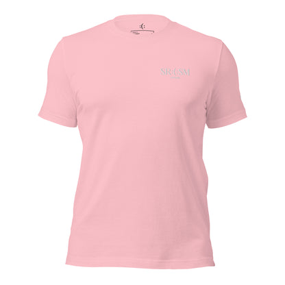 a pink basic t-shirt with white sarcastic , sarcasm text and smile on it