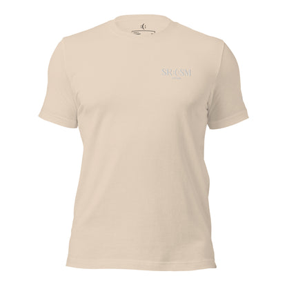 a soft cream basic t-shirt with white sarcastic , sarcasm text and smile on it