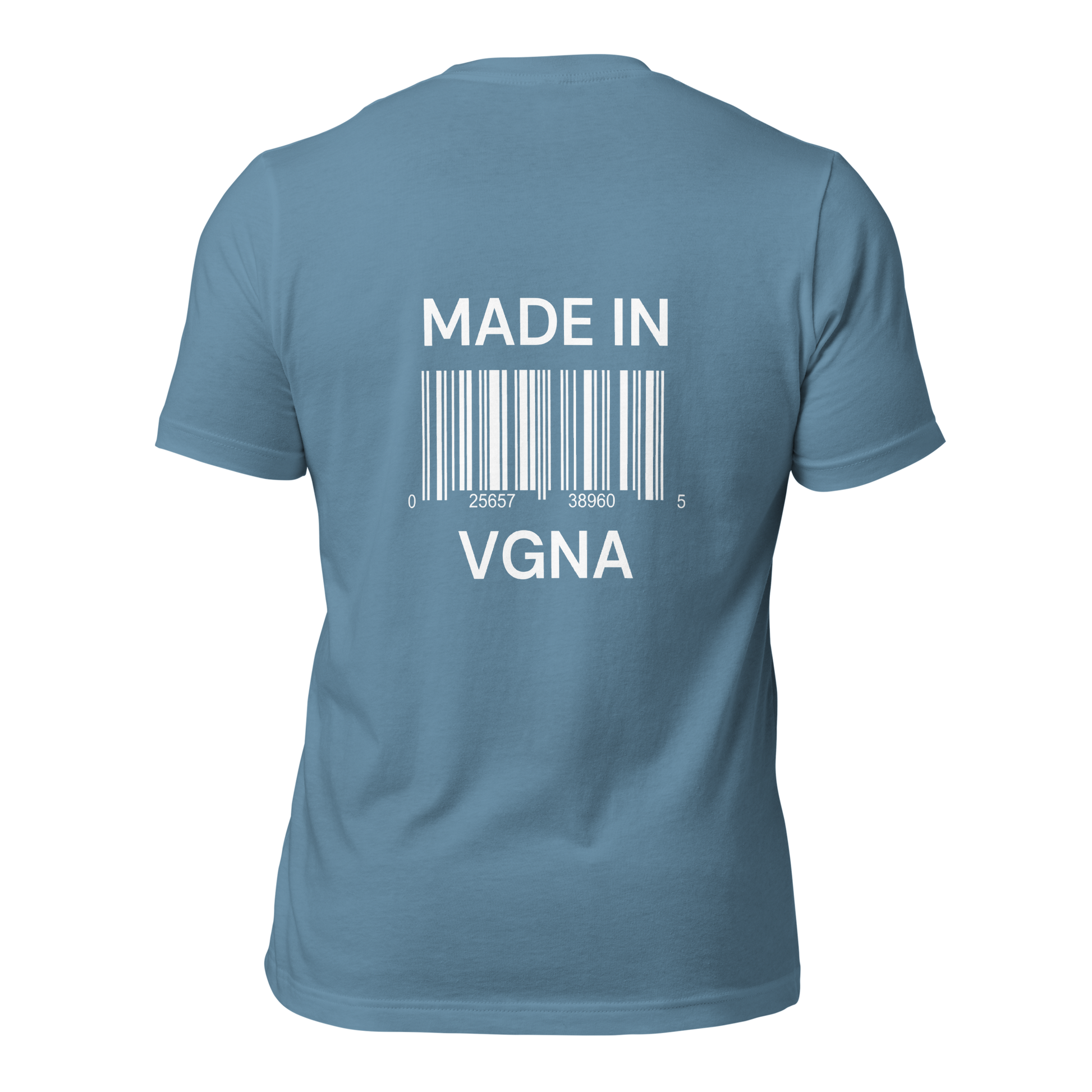 a steel blue t-shirt with white sarcastic , made in vagina scan text and smile on it