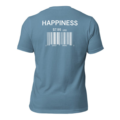 a steel blue t-shirt with sarcastic , happiness scan text and smile on it