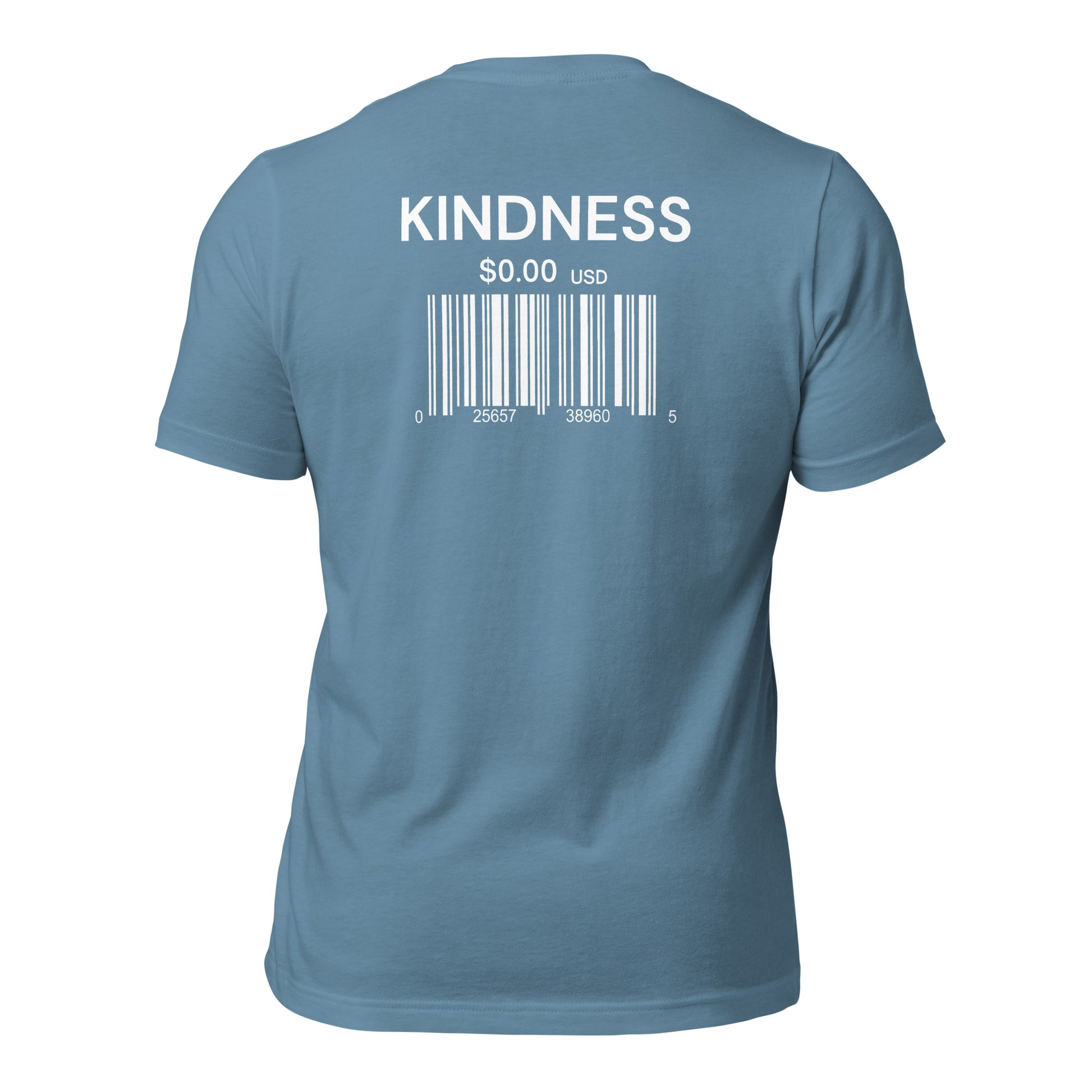 a steel blue t-shirt with sarcastic , kindness scan text and smile on it