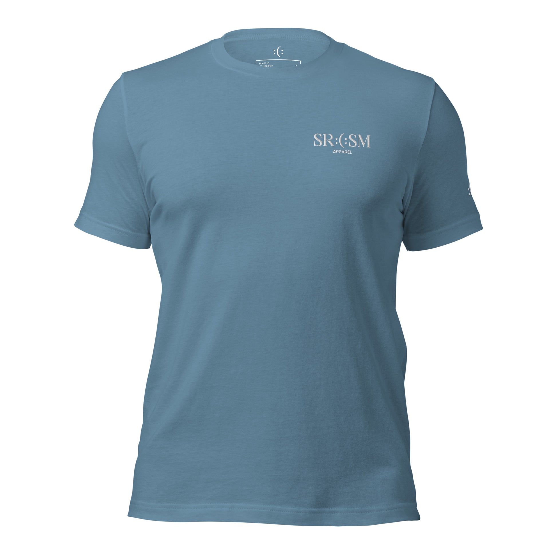 a steel blue basic t-shirt with white sarcastic , sarcasm text and smile on it